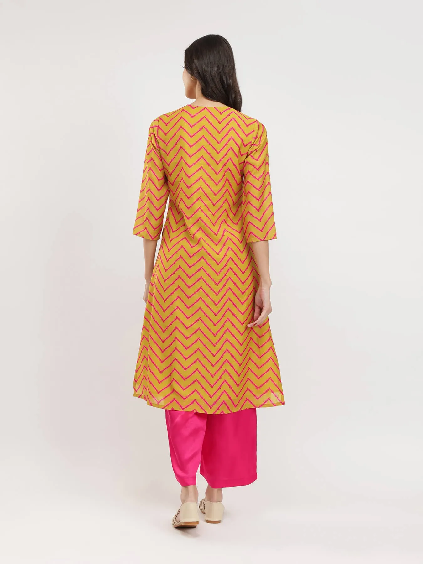 Chevron Print Kurta set - Yellow & Fuchsia