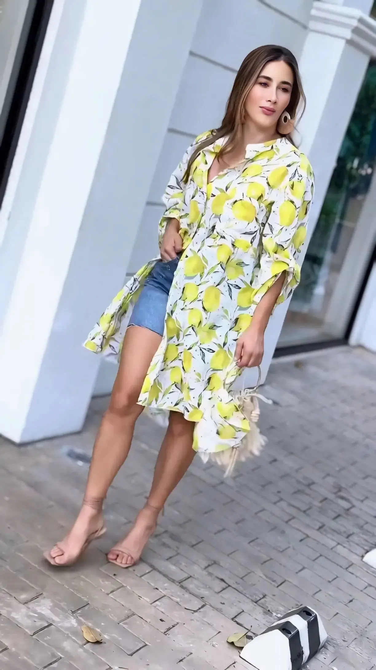 Citrus Printed Long Button Shirt Dress