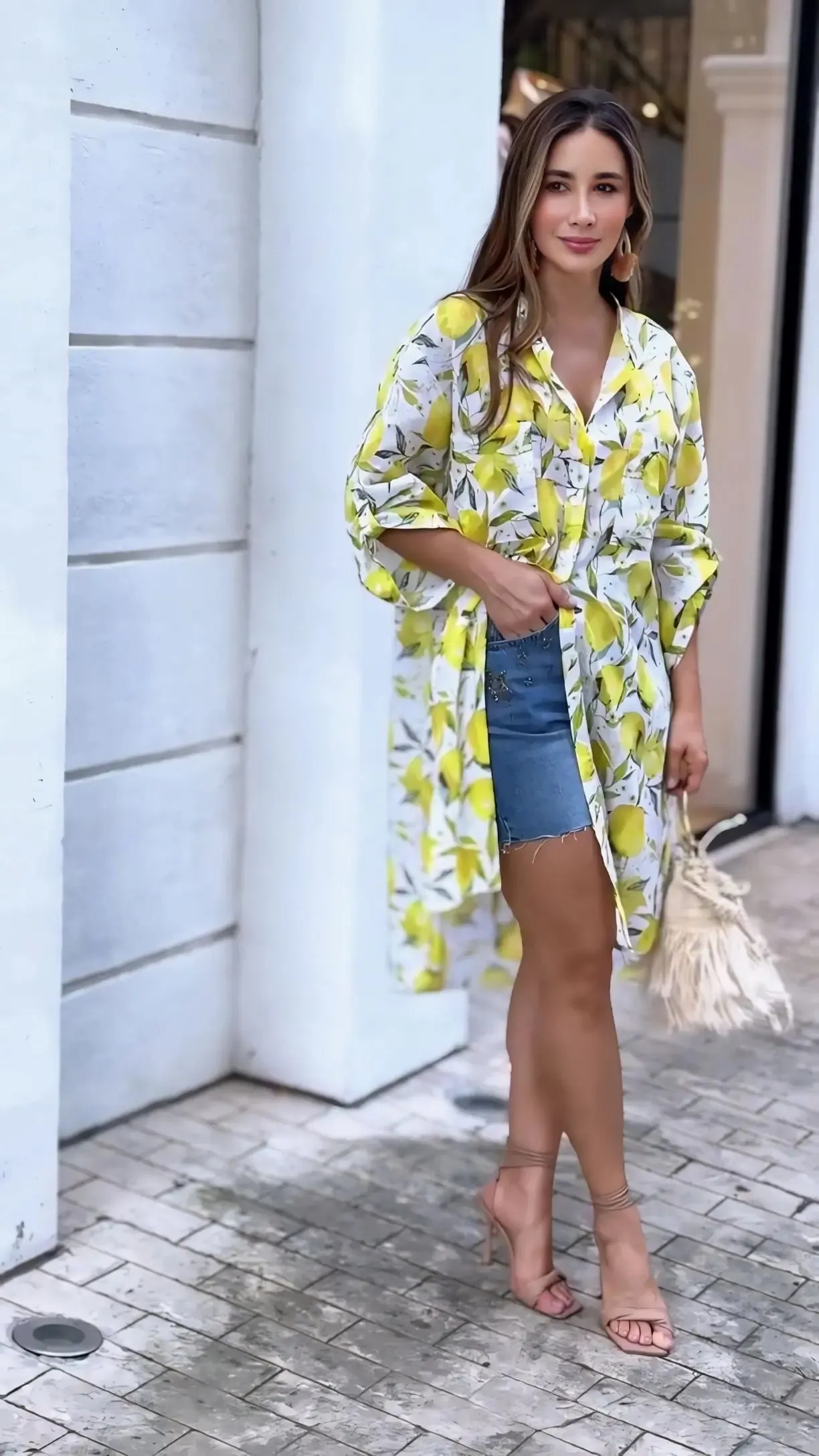 Citrus Printed Long Button Shirt Dress