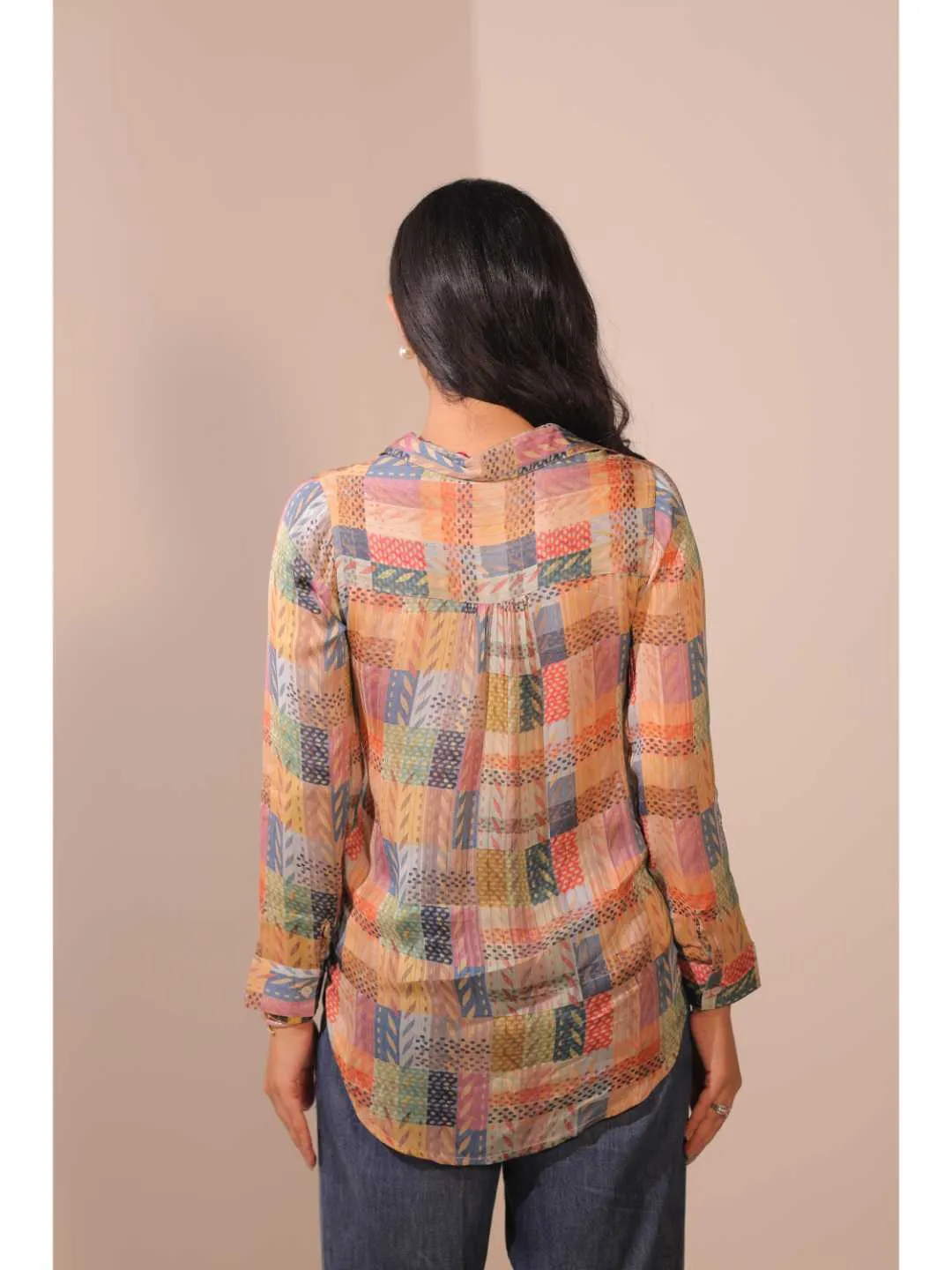 comfy viscose dobby stripped geometric printed full sleeve shirt collar with cuff top - Multi