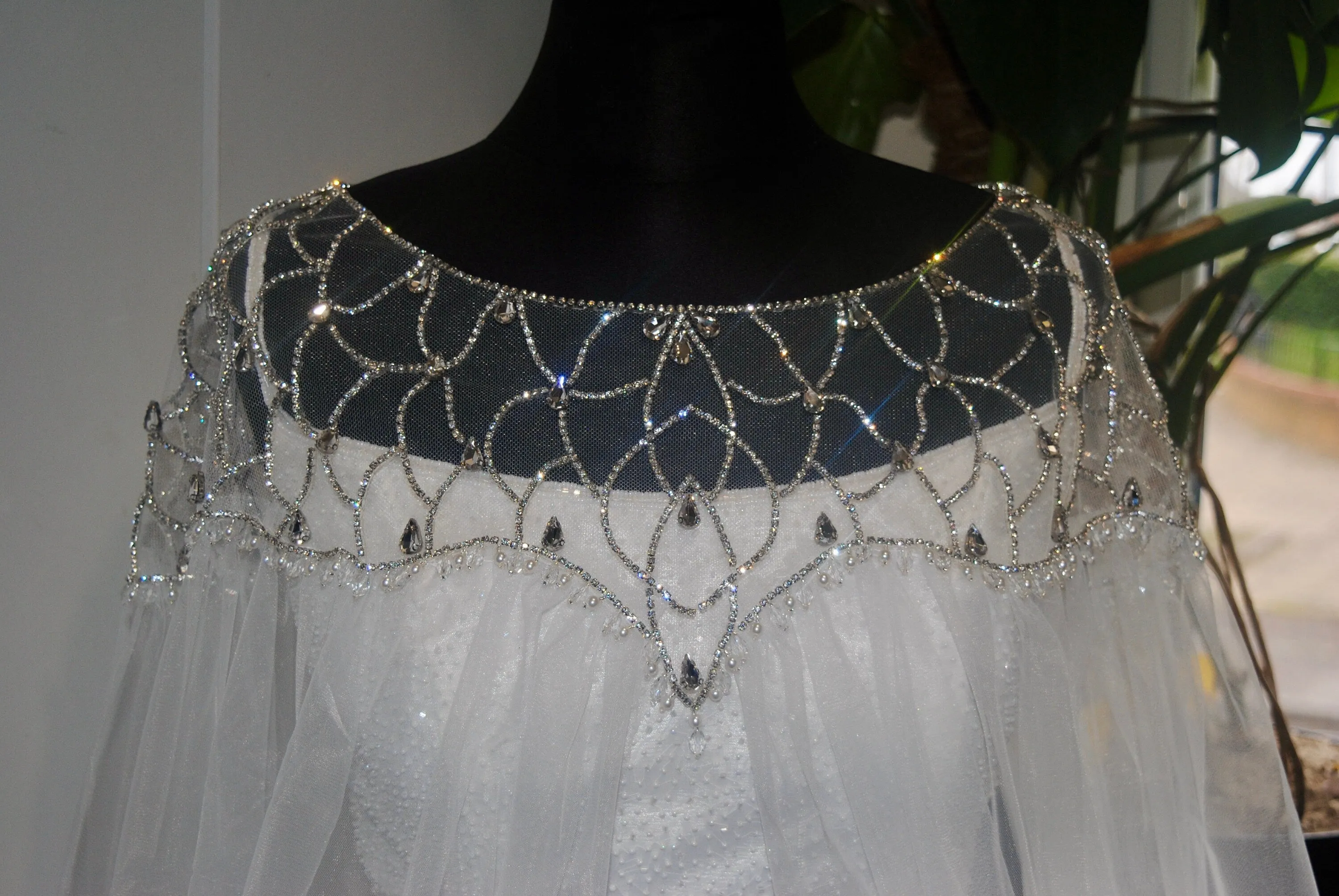 Crystal Embellished Bridal Cape Veil, Elegant Crystal Dress Topper with Attached Soft Tulle Cathedral Length Cape