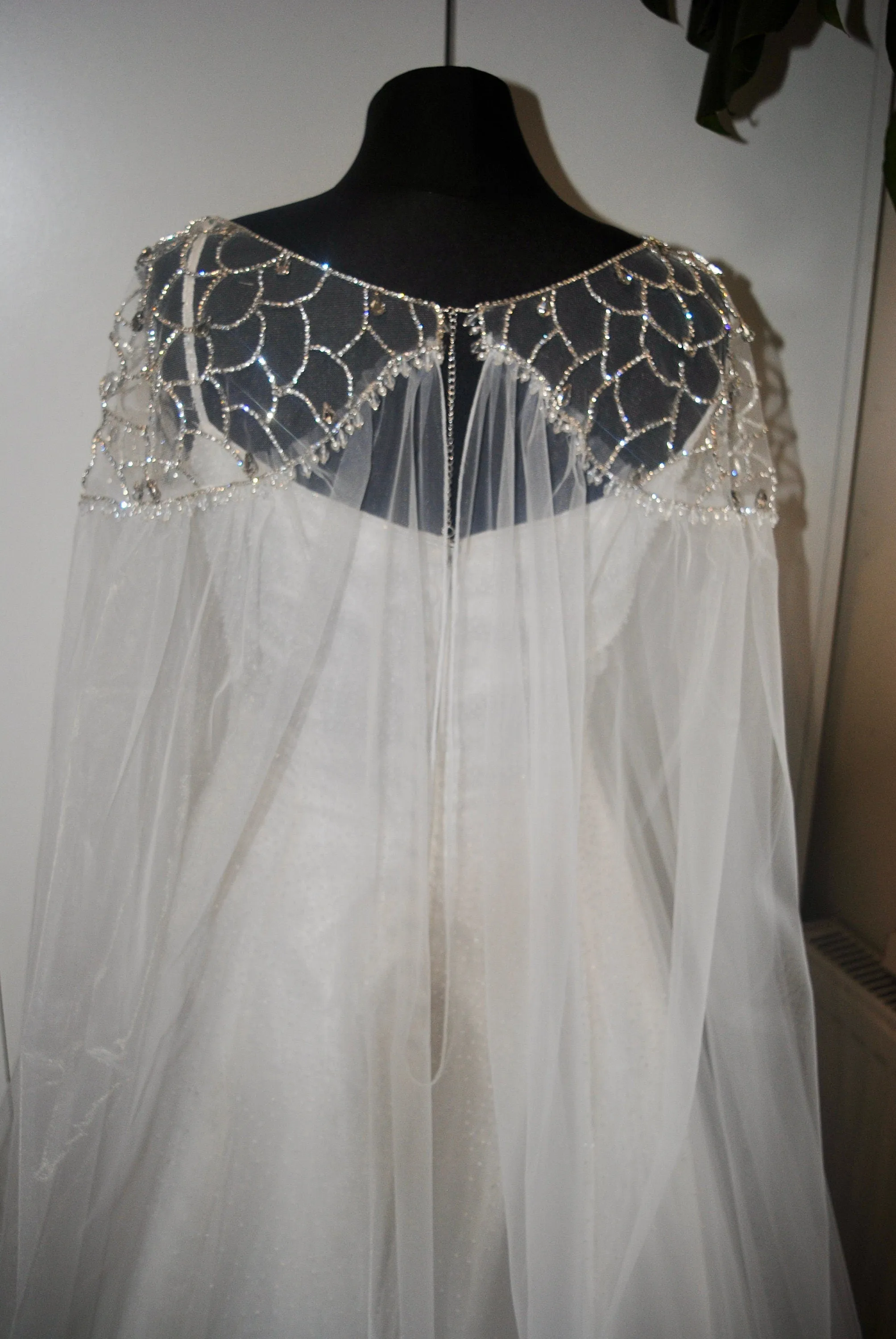 Crystal Embellished Bridal Cape Veil, Elegant Crystal Dress Topper with Attached Soft Tulle Cathedral Length Cape