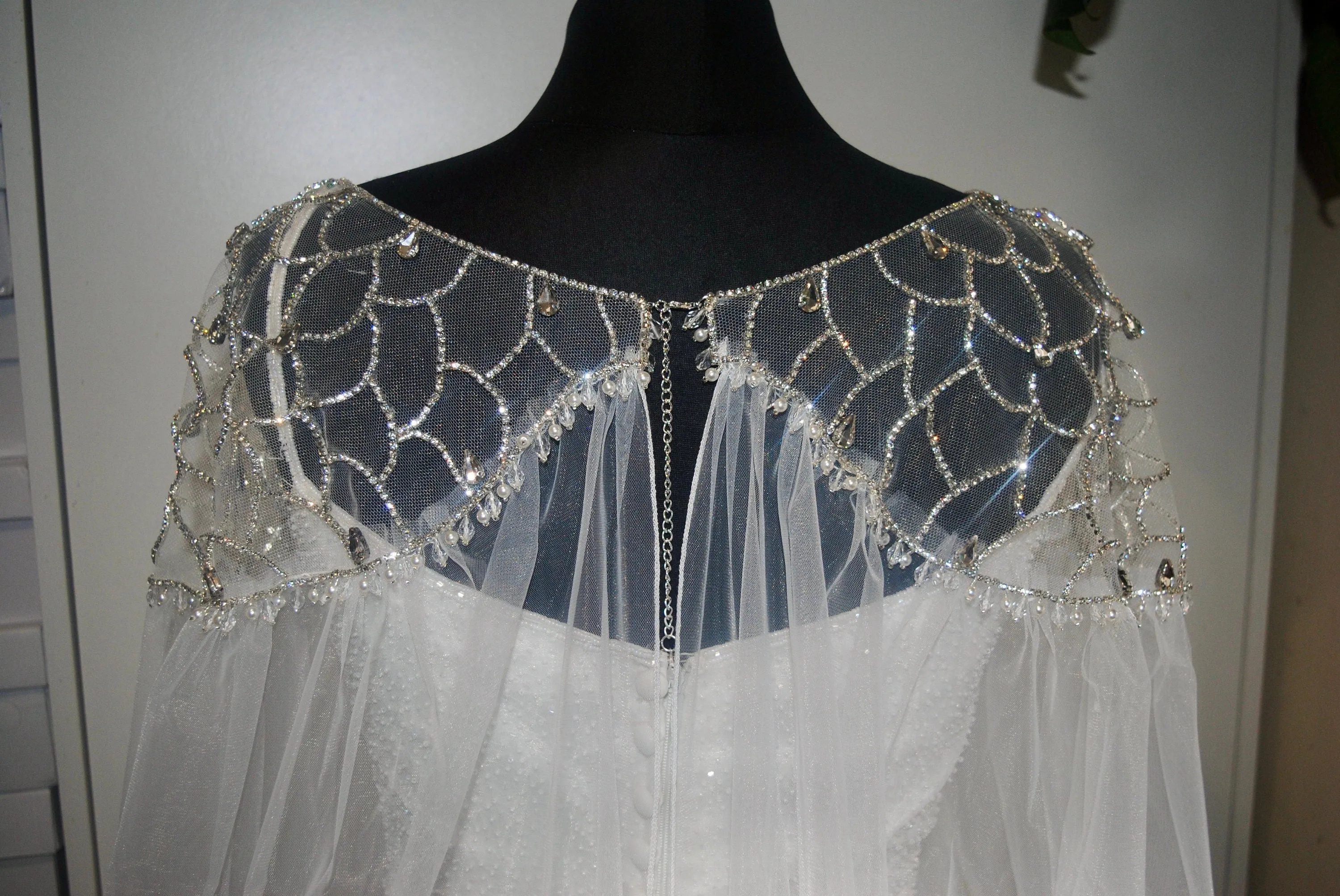 Crystal Embellished Bridal Cape Veil, Elegant Crystal Dress Topper with Attached Soft Tulle Cathedral Length Cape