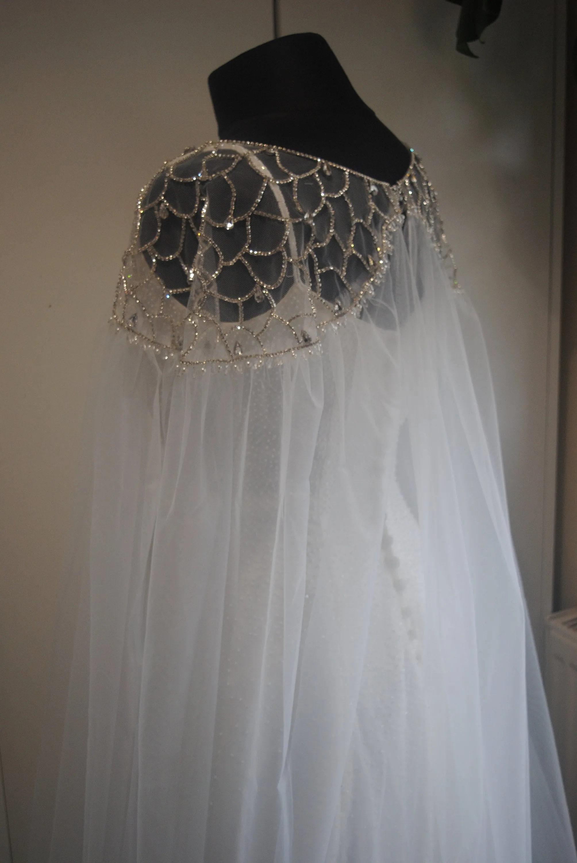 Crystal Embellished Bridal Cape Veil, Elegant Crystal Dress Topper with Attached Soft Tulle Cathedral Length Cape