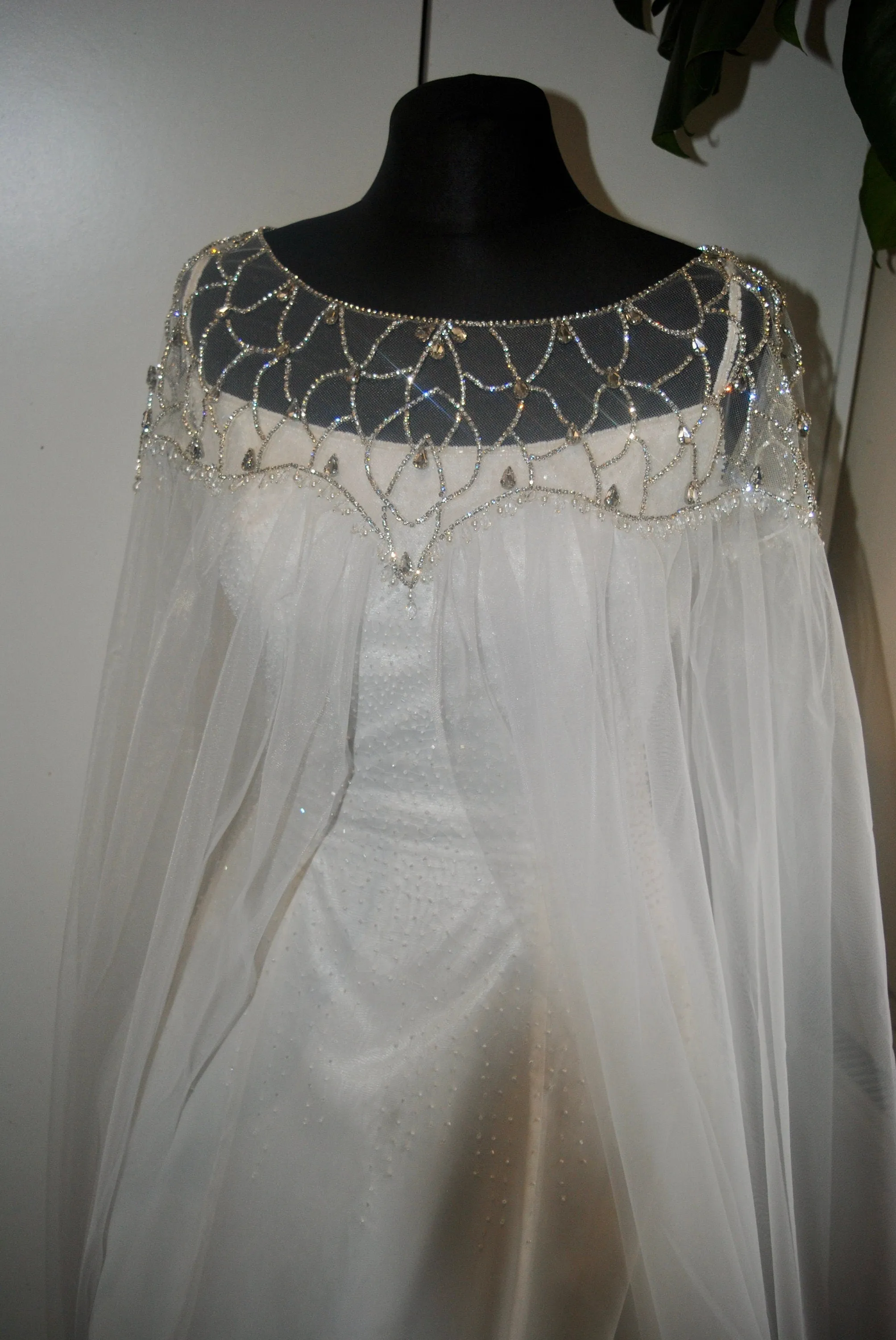 Crystal Embellished Bridal Cape Veil, Elegant Crystal Dress Topper with Attached Soft Tulle Cathedral Length Cape