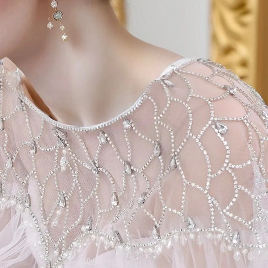 Crystal Embellished Bridal Cape Veil, Elegant Crystal Dress Topper with Attached Soft Tulle Cathedral Length Cape