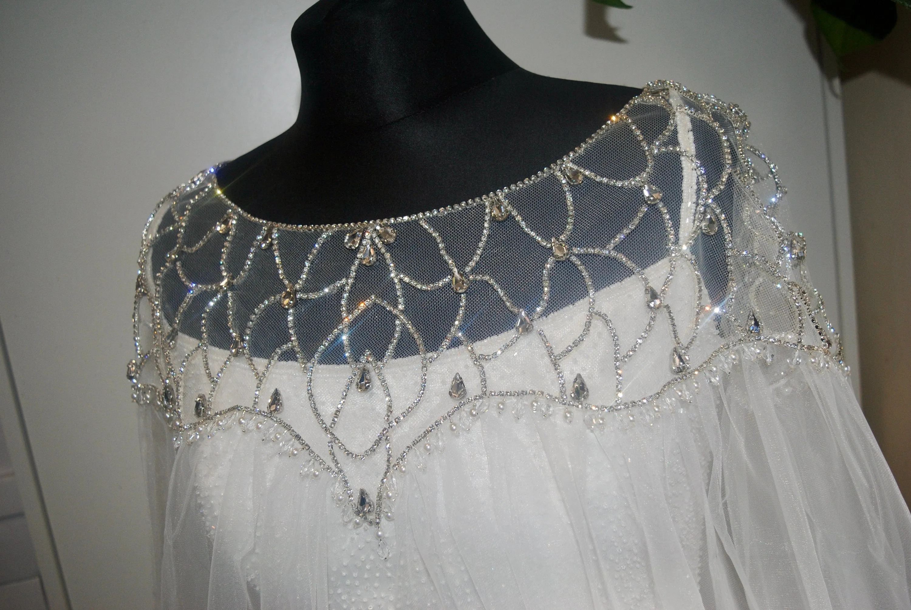 Crystal Embellished Bridal Cape Veil, Elegant Crystal Dress Topper with Attached Soft Tulle Cathedral Length Cape