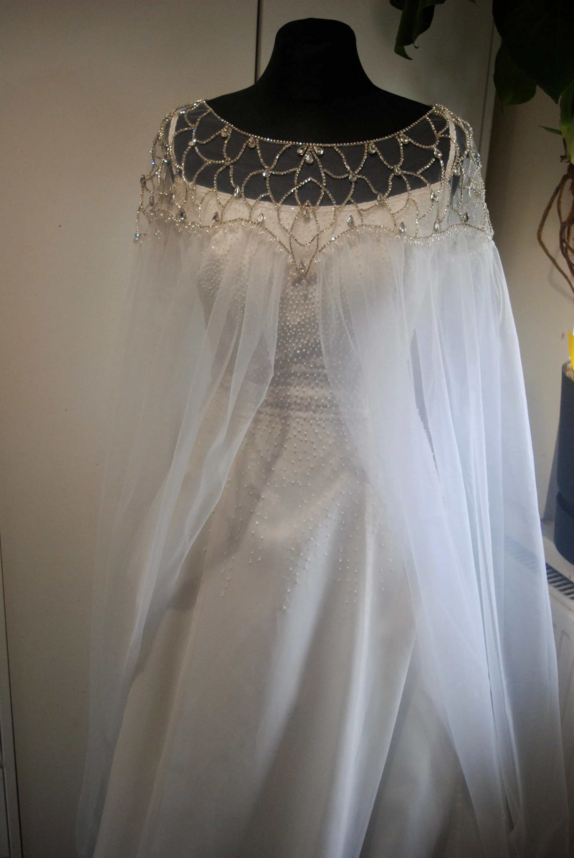 Crystal Embellished Bridal Cape Veil, Elegant Crystal Dress Topper with Attached Soft Tulle Cathedral Length Cape