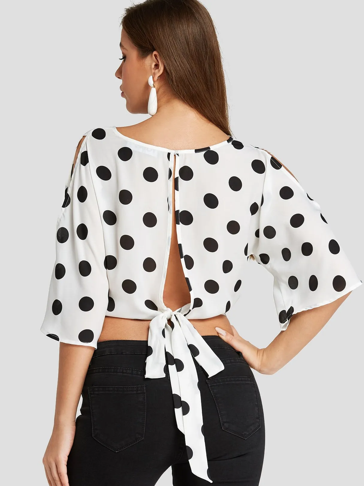 Custom Round Neck Polka Dot Cut Out Half Sleeve White Crop Top