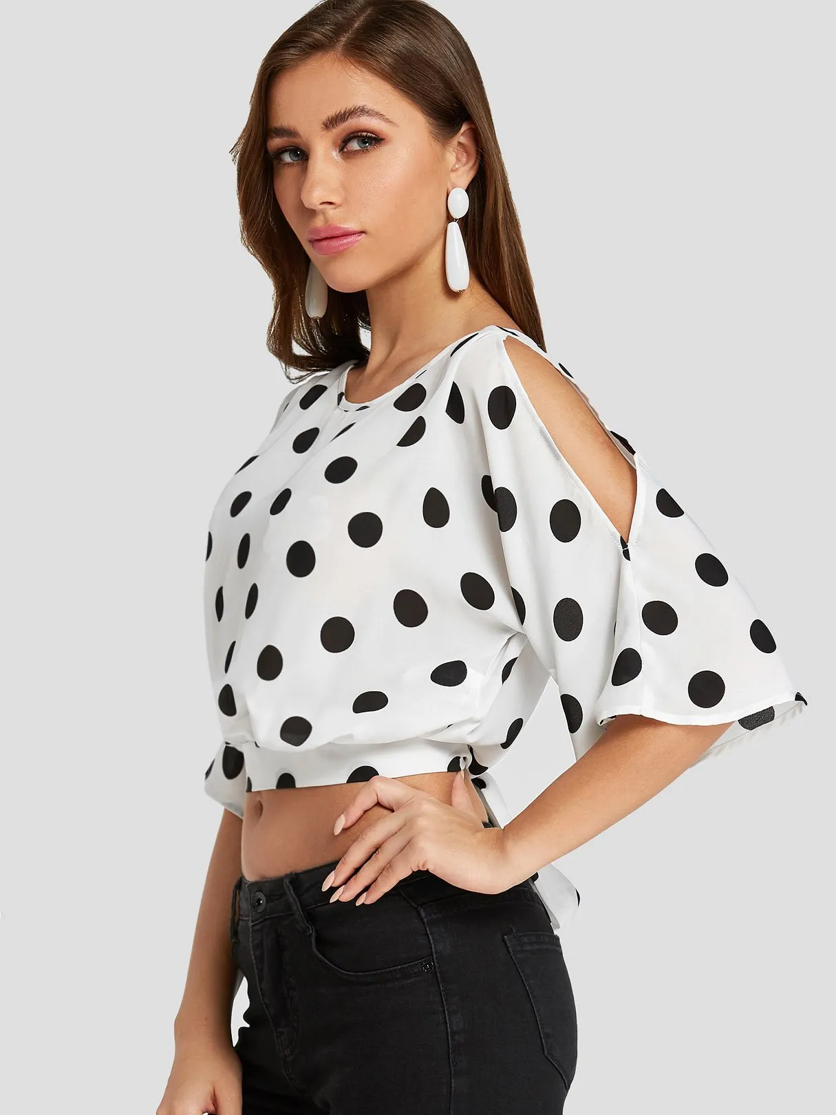 Custom Round Neck Polka Dot Cut Out Half Sleeve White Crop Top