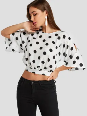 Custom Round Neck Polka Dot Cut Out Half Sleeve White Crop Top