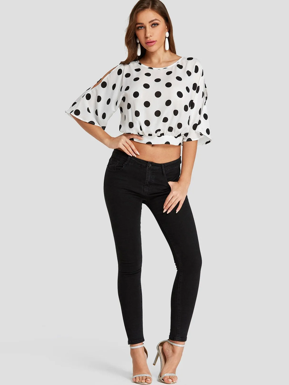 Custom Round Neck Polka Dot Cut Out Half Sleeve White Crop Top