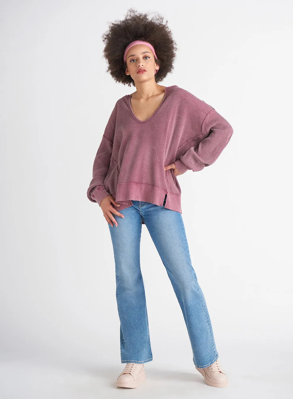 Dex Tory V-Neck Thermal Waffle Top