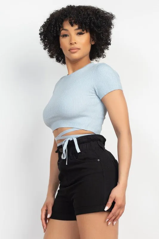 Dusty Blue Waist Tied Ribbon Top