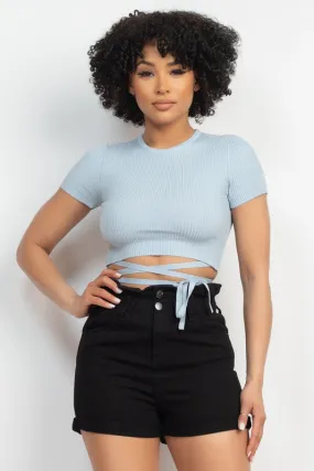 Dusty Blue Waist Tied Ribbon Top