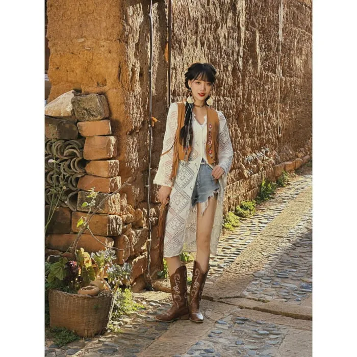 Embroidered Vest / Long-Sleeve Lace Perforated Knit Top / Set