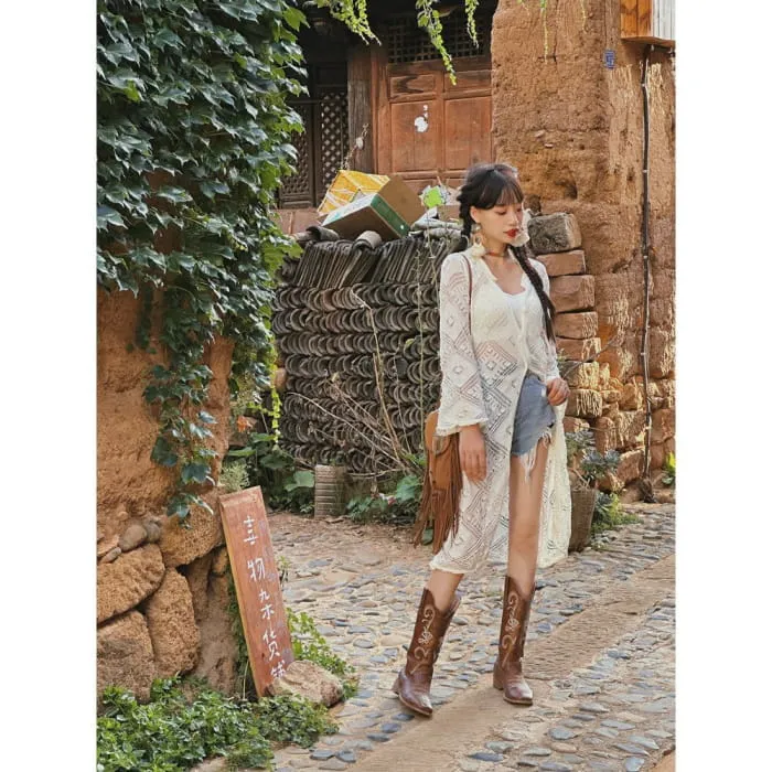 Embroidered Vest / Long-Sleeve Lace Perforated Knit Top / Set