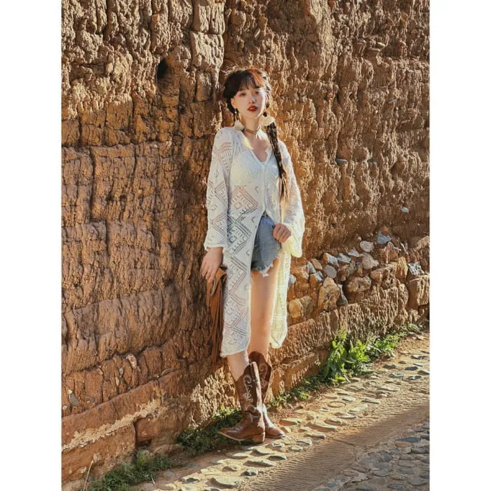 Embroidered Vest / Long-Sleeve Lace Perforated Knit Top / Set
