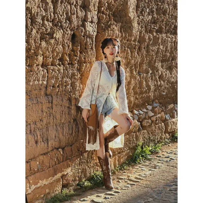 Embroidered Vest / Long-Sleeve Lace Perforated Knit Top / Set
