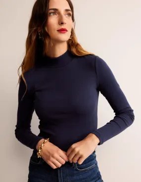 Essential High Neck Jersey Top-Navy