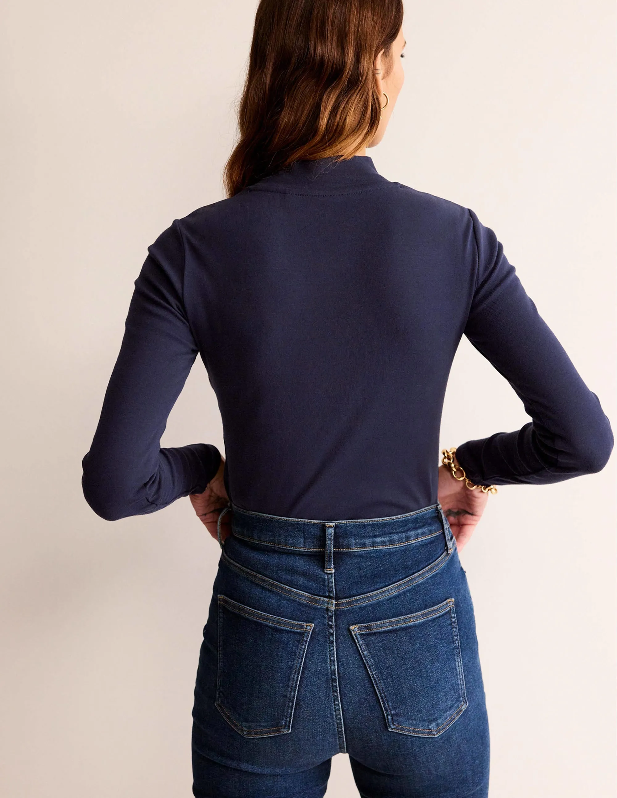 Essential High Neck Jersey Top-Navy