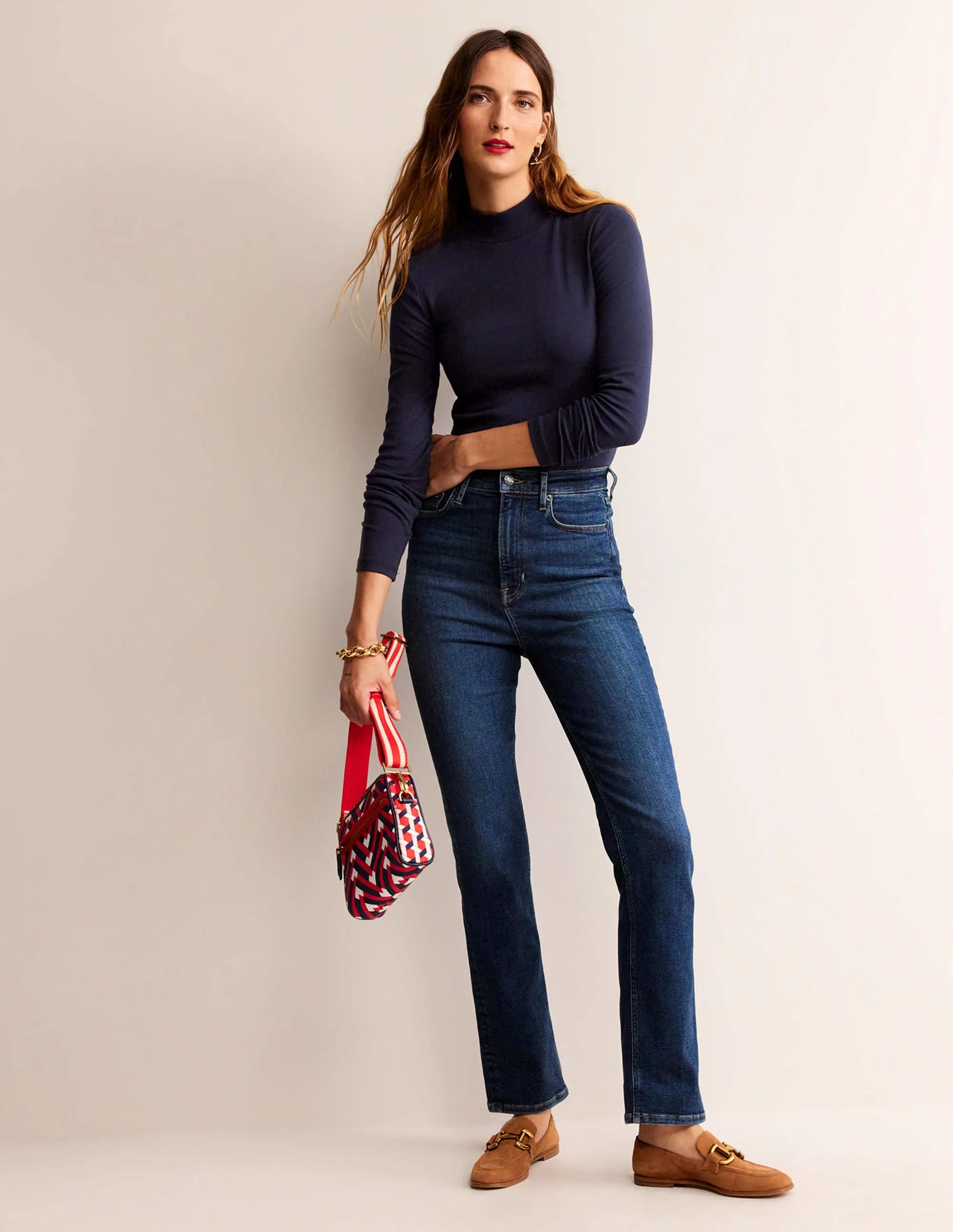 Essential High Neck Jersey Top-Navy
