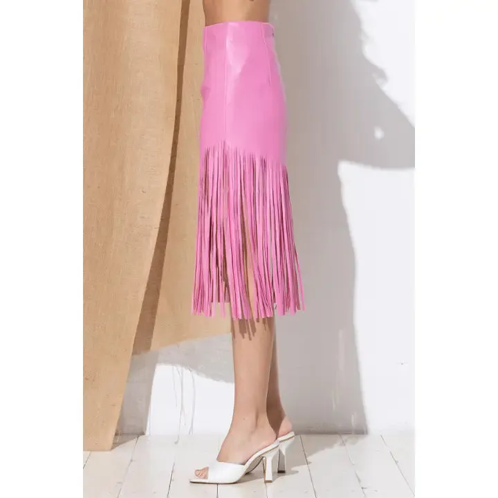 Faux Leather Fringe Knee Length Skirt