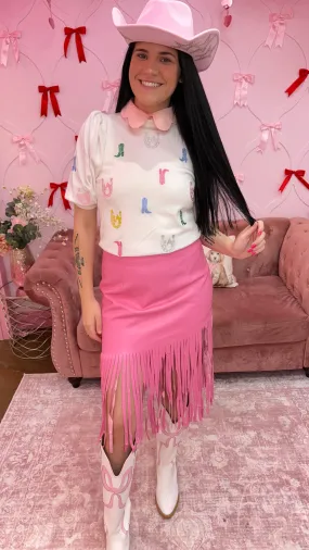 Faux Leather Fringe Knee Length Skirt