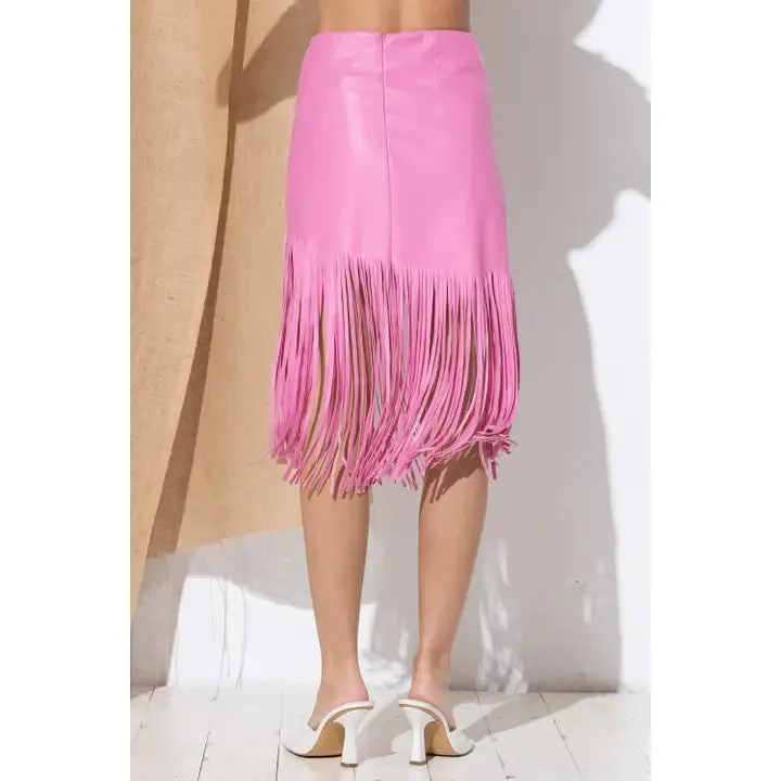 Faux Leather Fringe Knee Length Skirt