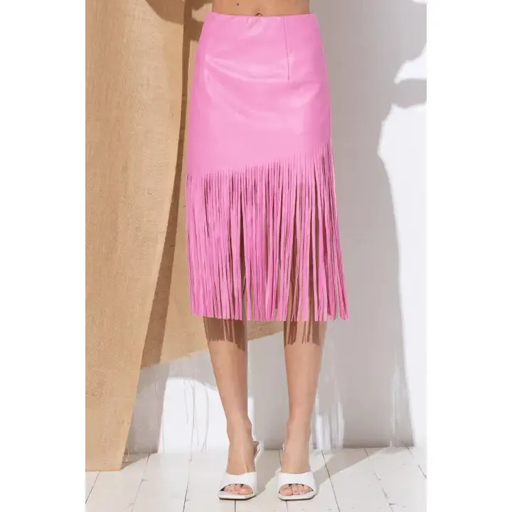 Faux Leather Fringe Knee Length Skirt