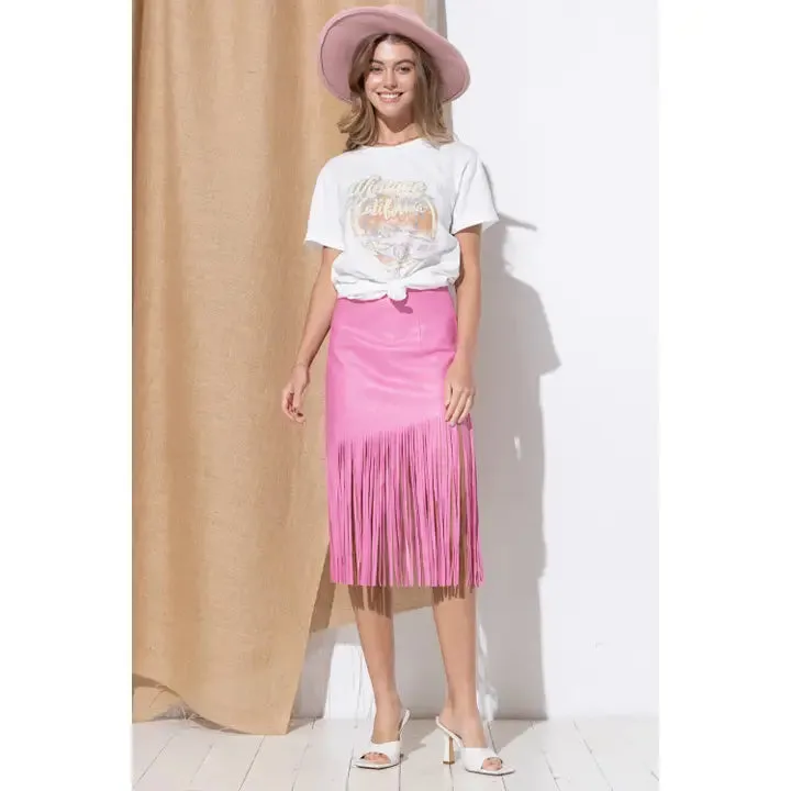 Faux Leather Fringe Knee Length Skirt