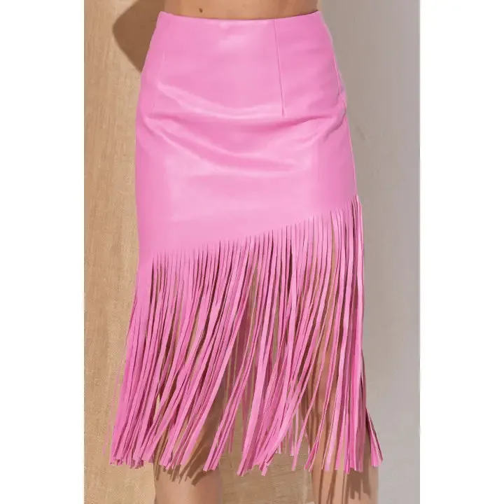 Faux Leather Fringe Knee Length Skirt