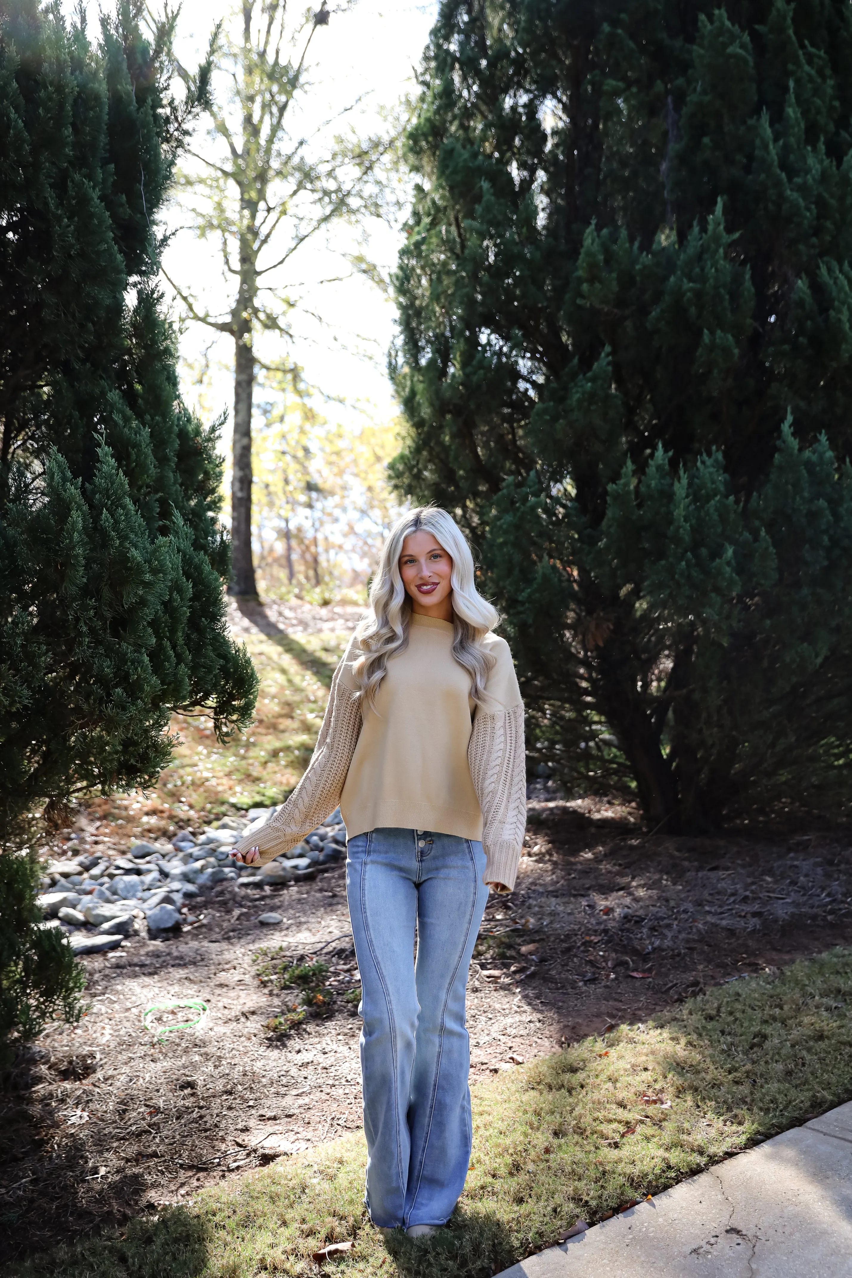 FINAL SALE - Cabin Cues Taupe Cable Knit Sleeve Sweater
