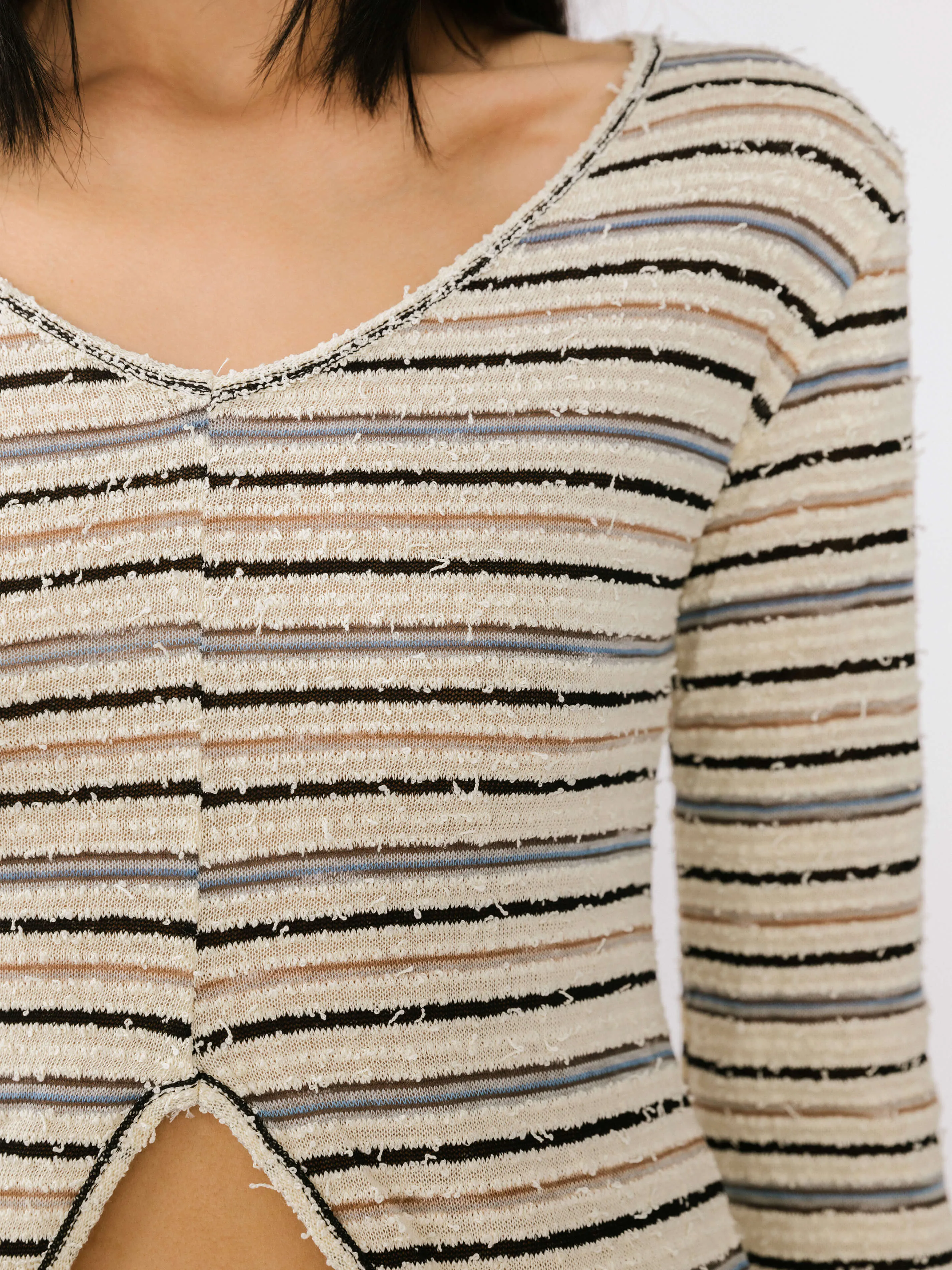 Front Slit Striped Long Sleeve Top