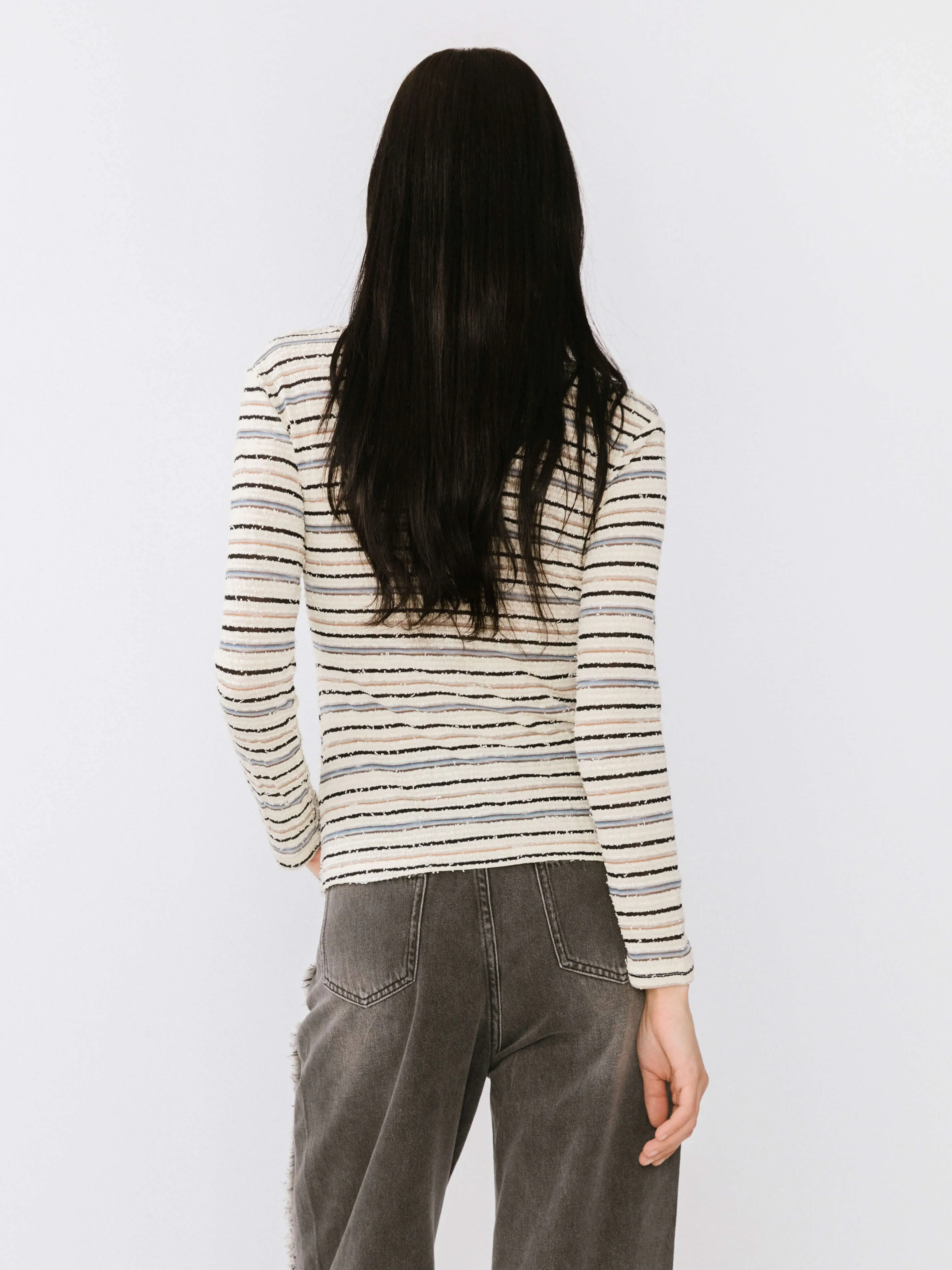Front Slit Striped Long Sleeve Top