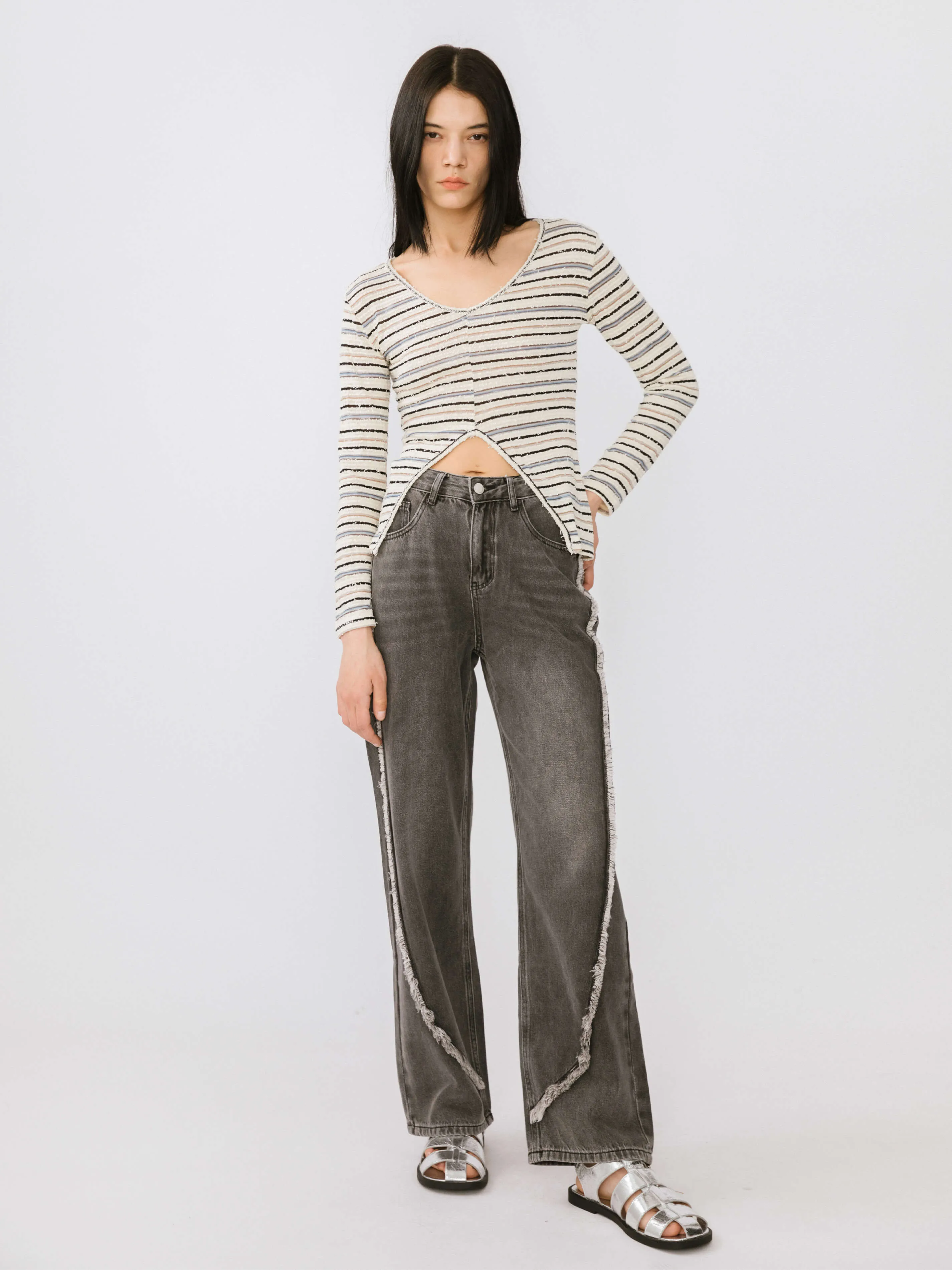 Front Slit Striped Long Sleeve Top