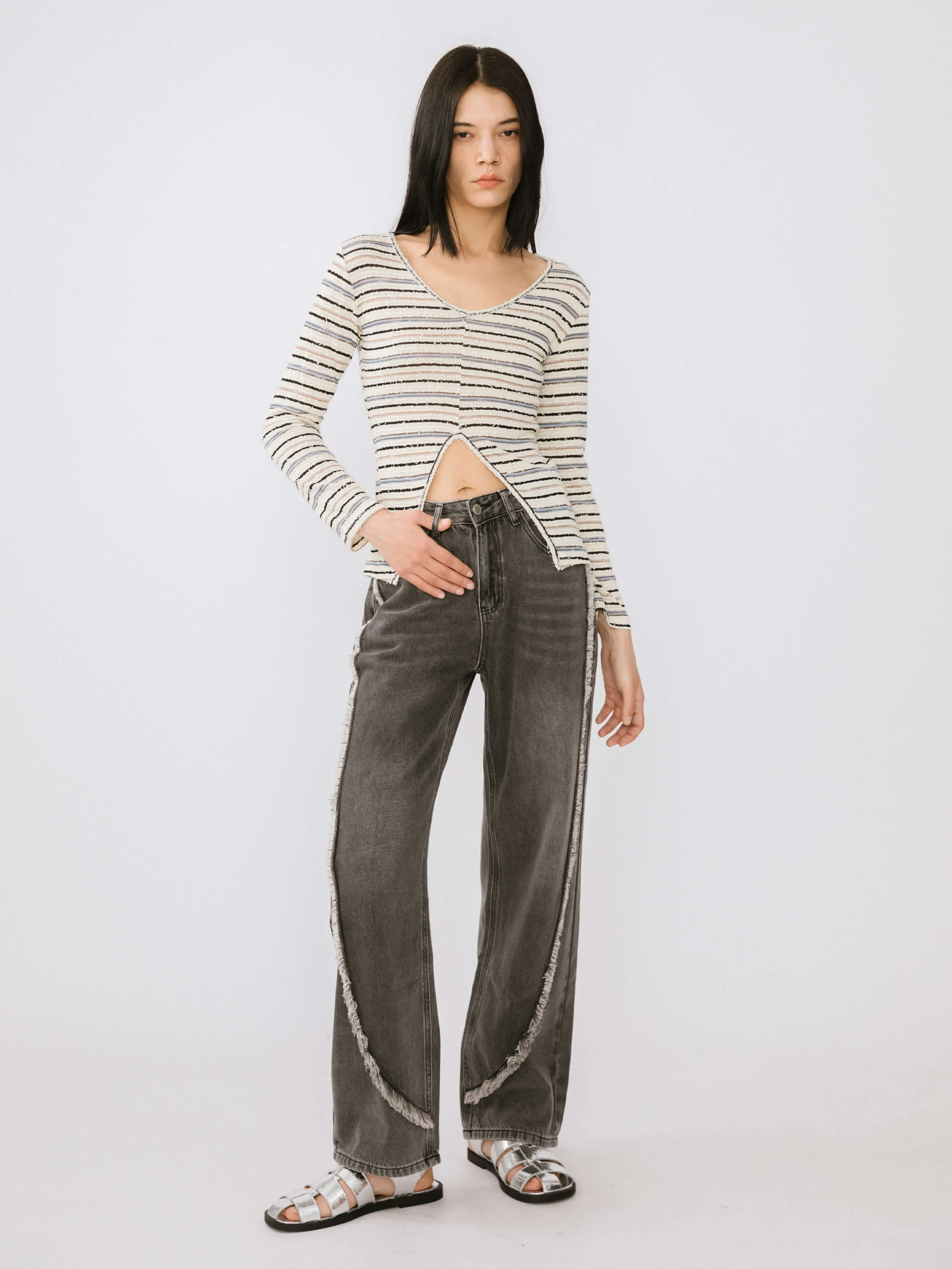 Front Slit Striped Long Sleeve Top