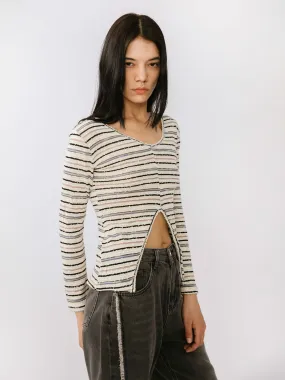 Front Slit Striped Long Sleeve Top