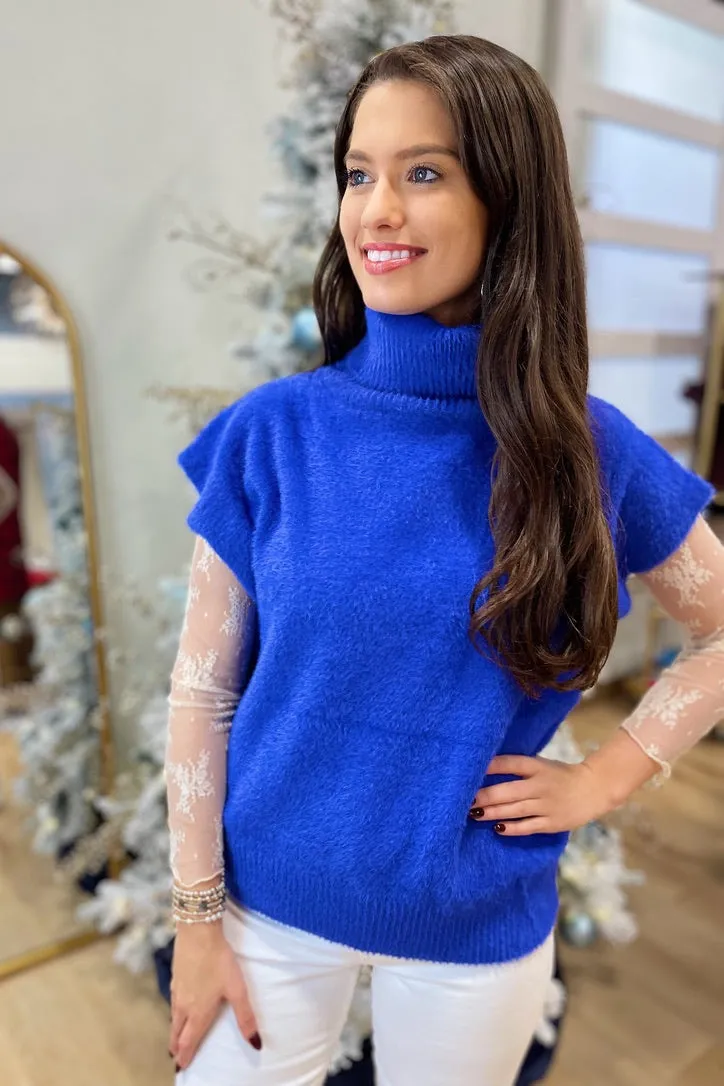 Fuzzy Royal Blue Sleeveless Turtleneck