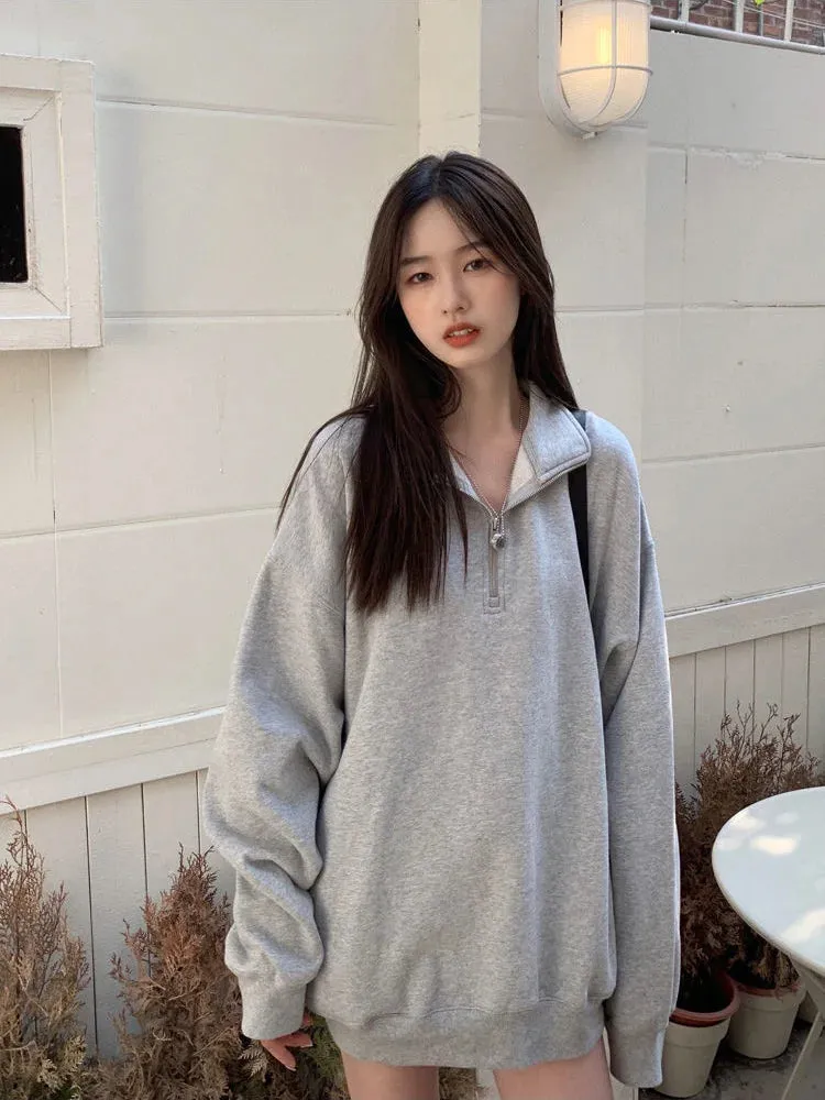 Gray Oversize Sweatshirt Women Autumn Pullover Casual Sport School Student Long Sleeve Top Fashion