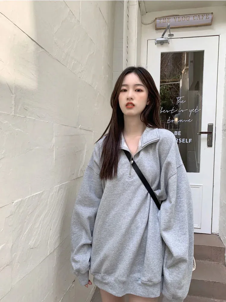 Gray Oversize Sweatshirt Women Autumn Pullover Casual Sport School Student Long Sleeve Top Fashion