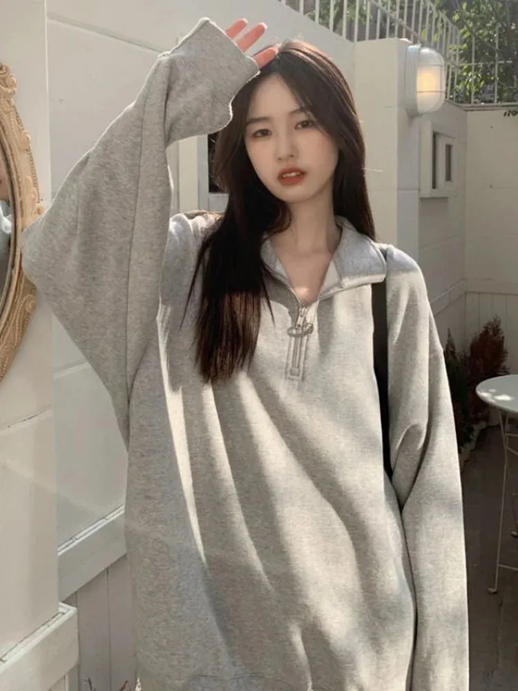 Gray Oversize Sweatshirt Women Autumn Pullover Casual Sport School Student Long Sleeve Top Fashion