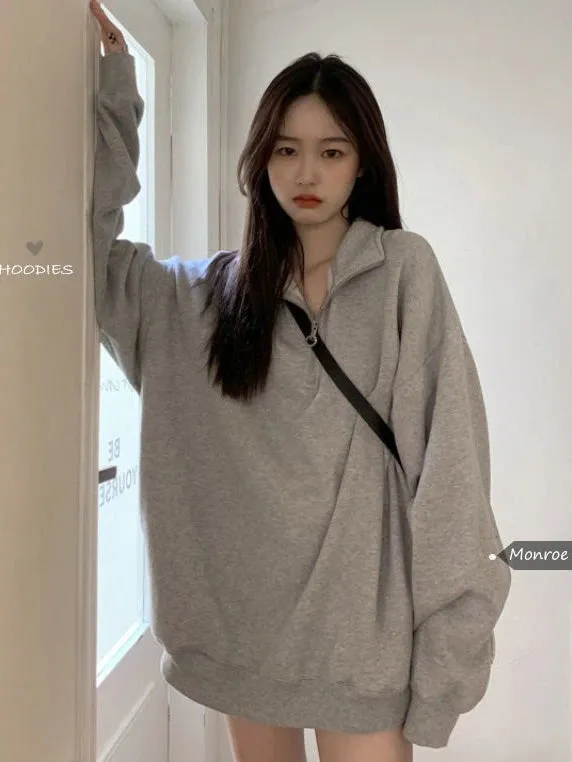 Gray Oversize Sweatshirt Women Autumn Pullover Casual Sport School Student Long Sleeve Top Fashion