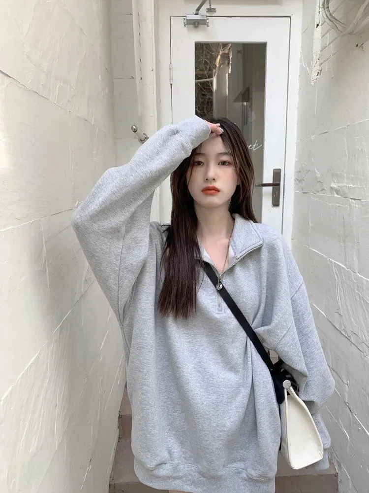 Gray Oversize Sweatshirt Women Autumn Pullover Casual Sport School Student Long Sleeve Top Fashion
