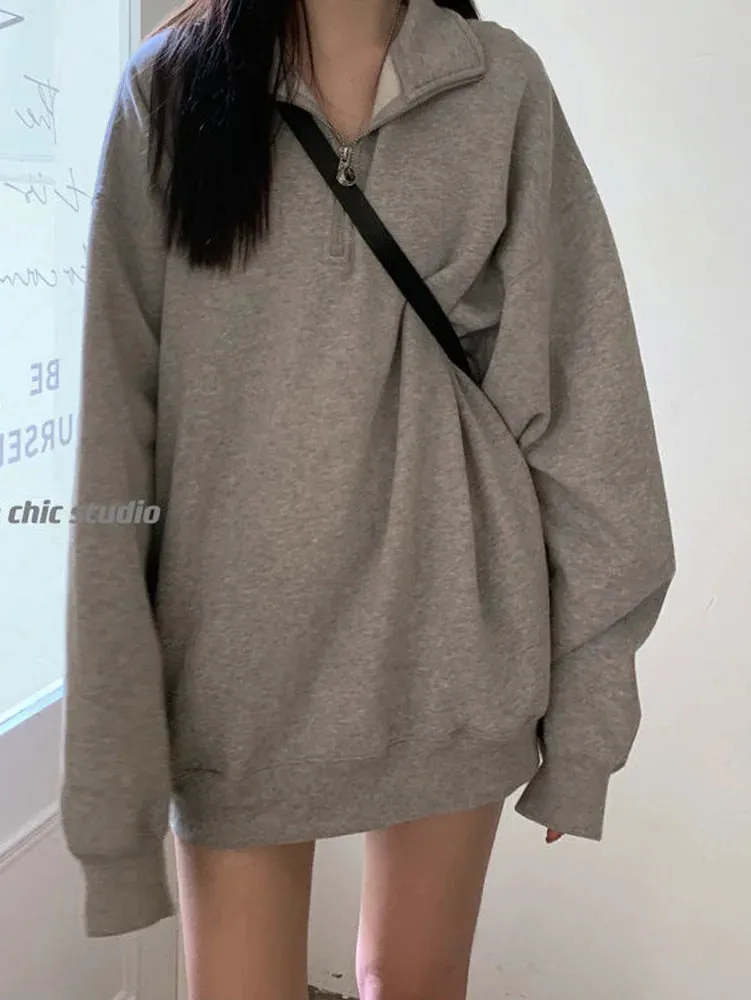 Gray Oversize Sweatshirt Women Autumn Pullover Casual Sport School Student Long Sleeve Top Fashion