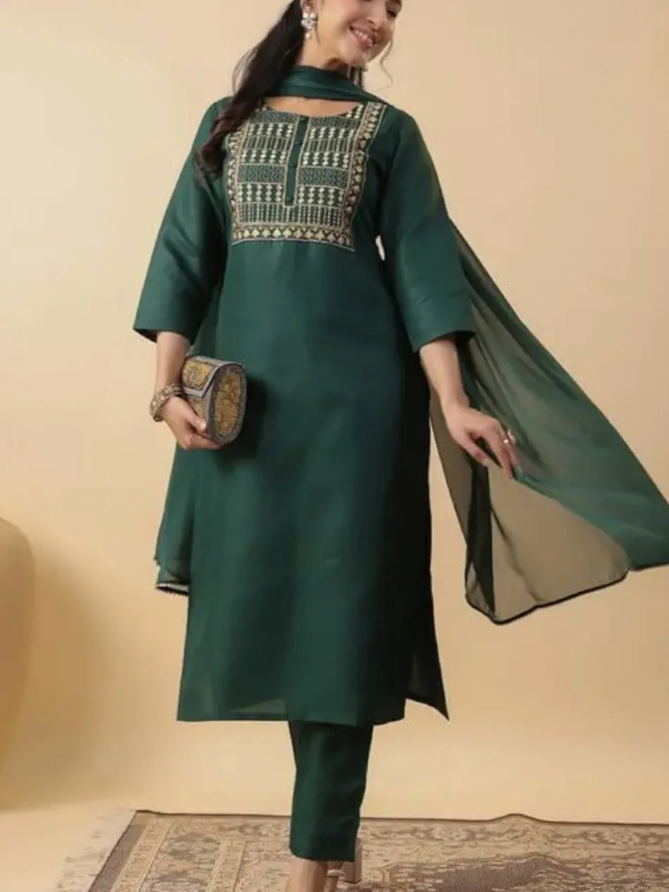 Green Yoke Embroidered Kurta Set