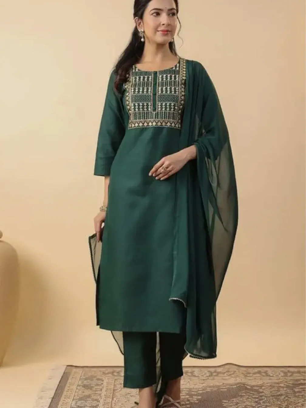 Green Yoke Embroidered Kurta Set