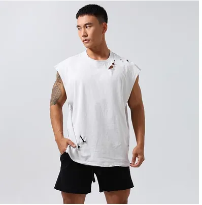 GYM BUDDY WORKOUT SLEEVELESS T SHIRT WITH DISTRESSED HOLES