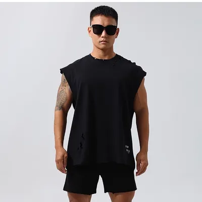 GYM BUDDY WORKOUT SLEEVELESS T SHIRT WITH DISTRESSED HOLES