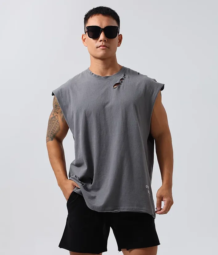 GYM BUDDY WORKOUT SLEEVELESS T SHIRT WITH DISTRESSED HOLES